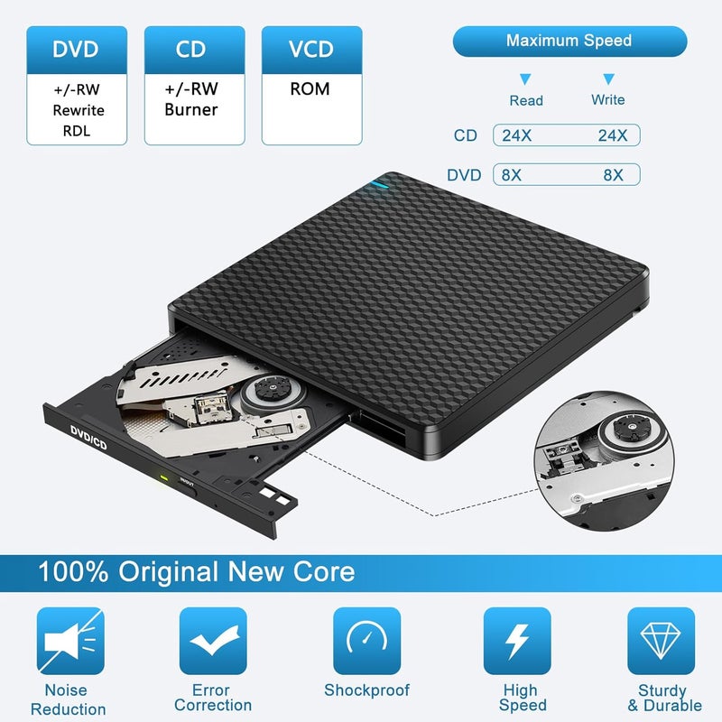 Guamar External DVD Drive for PC: USB-C Slim Portable CD Burner for Laptop Mac Windows 11 with SD/TF Slot/2 USB Ports Fast Data Transfer - Plug & Play - Image 3
